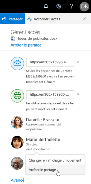 Modifier ou arrêter le partage dans OneDrive