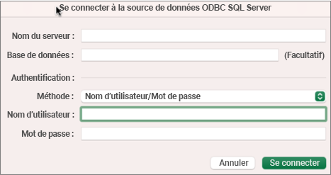 La boîte de dialogue SQL Server pour entrer le serveur, la base de données et les informations d’identification