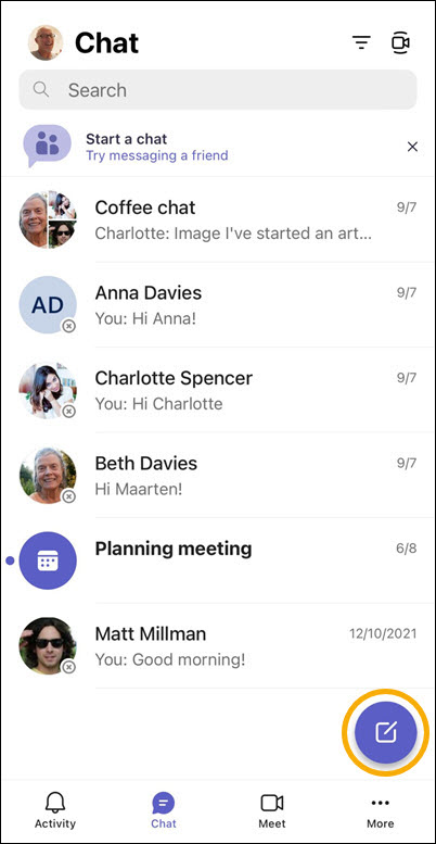 Teams bouton Nouvelle conversation dans iOS