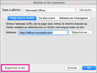 Supprimer un lien hypertexte dans Office pour Mac