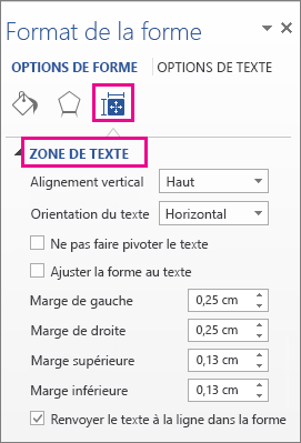 Options Zone de texte dans le volet Format de la forme