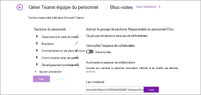 Capture d’écran de la page de gestion des paramètres du bloc-notes du personnel enseignant dans OneNote.