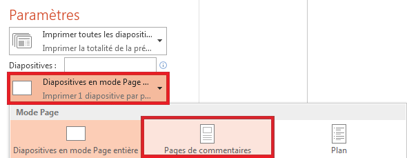 Dans le volet Imprimer, cliquez sur Diapositives en mode Page entière, puis sélectionnez Pages de notes dans la liste Mode Page.
