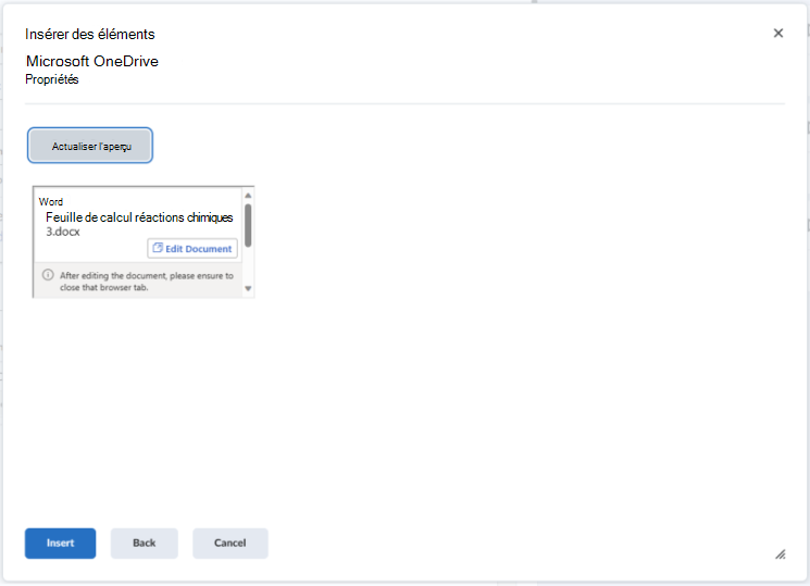 Incorporez un fichier OneDrive dans l’éditeur Brightspace à l’aide du bouton Insérer des éléments.