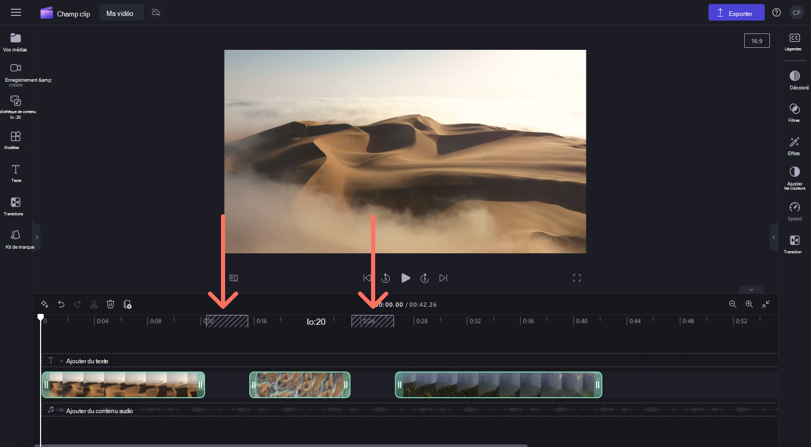 Image montrant les écarts visuels entre les clips dans la chronologie Clipchamp