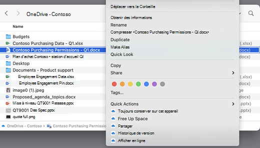 Affiche un écran OneDrive avec un menu ouvert. 