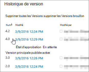 Historique des versions avec une version mineure supprimée