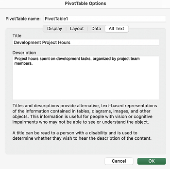 Onglet Texte de remplacement dans Excel pour Mac.