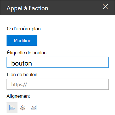 Boîte à outils du composant WebPart Appel à l’action pour les sites SharePoint, montrant comment personnaliser le lien, le bouton et l’alignement du composant WebPart