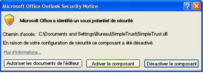 Notification de sécurité Microsoft Office Outlook