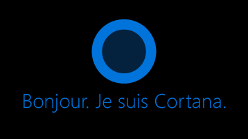 Icône Cortana telle qu’elle apparaît à l’écran avec les mots « Bonjour. Je suis Cortana » en dessous.