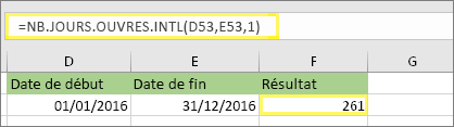 =NETWORKDAYS. INTL(D53,E53,1) et résultat : 261