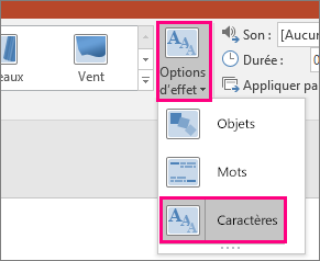 Affiche le menu Options d’effet pour la Transition Morphose avec l’option Caractères sélectionnée.