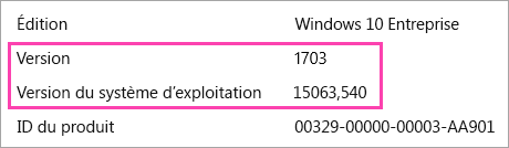 Capture d’écran d’affichant les numéros de version et de Windows