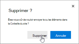 Boîte de confirmation de suppression d’élément avec l’élément Supprimer mis en évidence