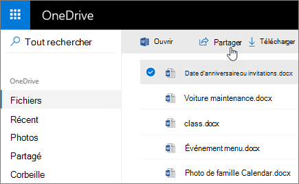 Capture d’écran d’un fichier sélectionné et du bouton Partager dans OneDrive.