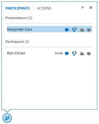 Capture d’écran des icônes en regard du nom des participants indiquant la disponibilité des fonctionnalités de messagerie instantanée, audio, vidéo et partage