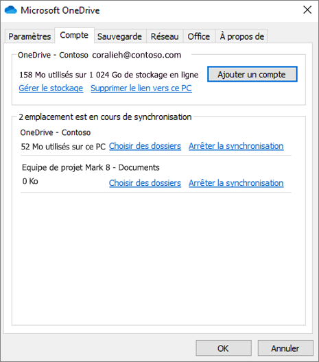 Capture d’écran des paramètres de compte dans le client de synchronisation OneDrive