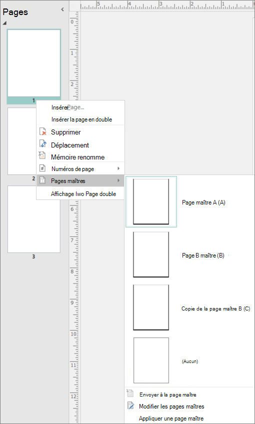 Capture d’écran shows the shortcut menu option selected for Master Pages with master page options available.