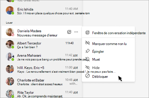 Capture d’écran montrant comment débloquer une personne du volet de conversation