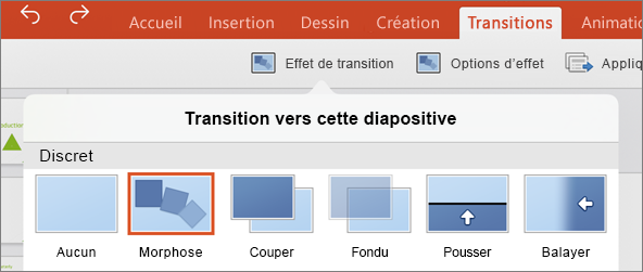 Transition Transformer dans le menu Transitions dans PowerPoint 2016 pour iPad