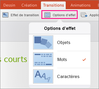 Options d’effet pour la transition Transformer dans PowerPoint 2016 pour iPad