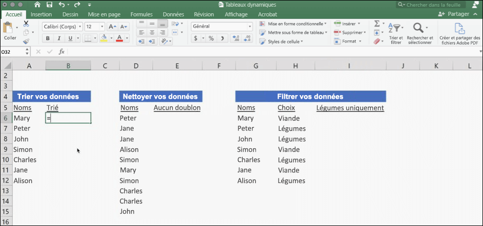 Capture d’écran d’Excel avec des données utilisant des tableaux dynamiques