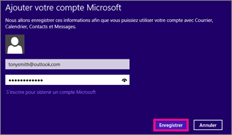 Page Ajouter votre compte Microsoft de l’application Courrier de Windows 8