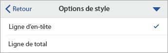 Commande Options de style développée, avec l’option Ligne d’en-tête sélectionnée.