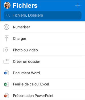Capture d’écran du menu Ajouter dans l’application OneDrive pour iOS