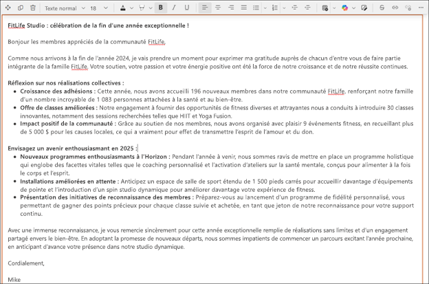 Capture d’écran d’un texte plus long suggéré par Copilot dans l’éditeur de texte enrichi SharePoint