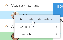 Capture d’écran du menu contextuel pour Votre calendrier, avec l’option Autorisations de partage sélectionnée