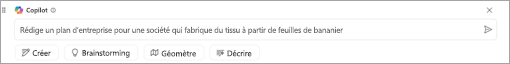 Capture d’écran montrant la zone de texte Copilot sur le canevas. « Rédiger un plan d’affaires pour une entreprise qui fabrique du tissu à partir de feuilles de banane » invite tapée dans la zone de texte.