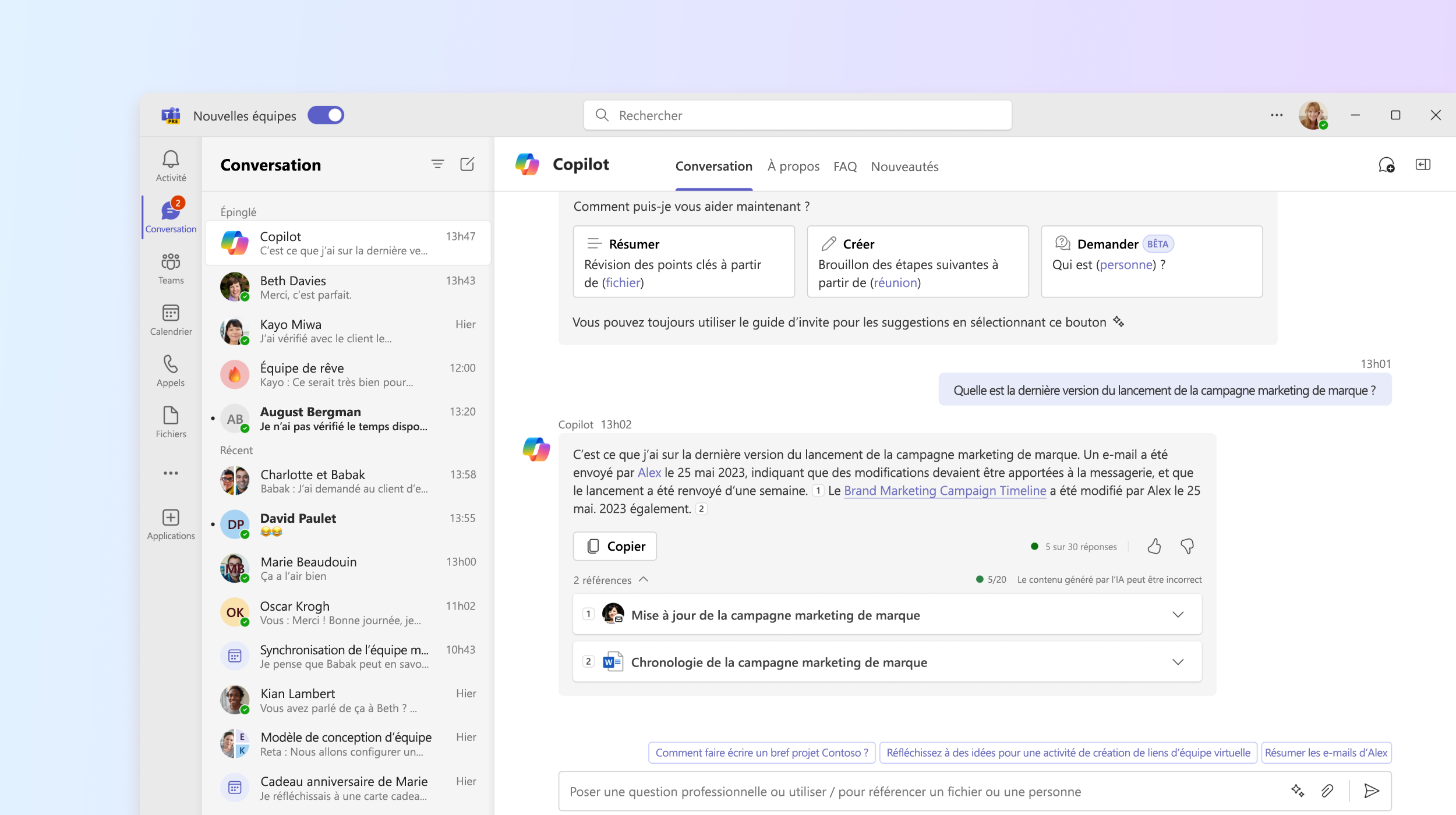 La capture d’écran montre l’application Microsoft 365 Copilot dans Teams.