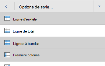 Word pour Android menu d’options de style de tableau, avec l’option Ligne d’en-tête sélectionnée.