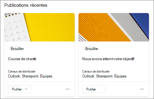 Capture d’écran d’exemples de publications brouillons récentes sur la page vue d’ensemble.