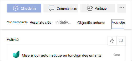 Capture d’écran de l’onglet Activité d’un objectif avec l’icône pouce vers le haut sélectionnée.