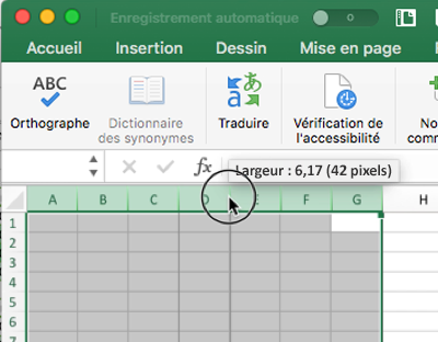 Capture d’écran montrant comment utiliser la souris pour redimensionner les largeurs de colonne dans Excel.