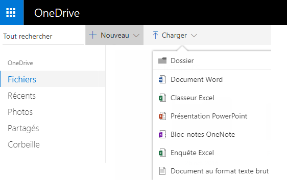 Capture d’écran de la création d’un document à partir de OneDrive.com