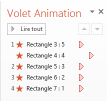 Cliquez sur ANIMATIONS, puis sur Volet Animation pour afficher le volet Animation. Le nombre à droite du signe deux-points reflète le nombre dans le rectangle.