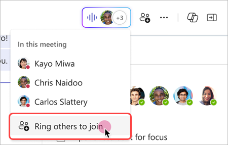 Capture d’écran montrant comment faire sonner d’autres personnes à partir de l’indicateur en direct dans une réunion instantanée de conversation de groupe.