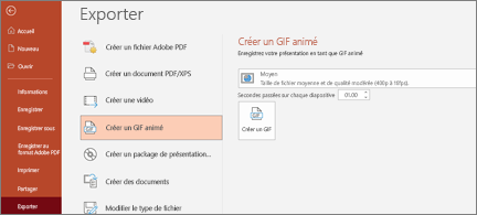 Fichier > Exporter la page avec créer un fichier GIF animé mis en évidence