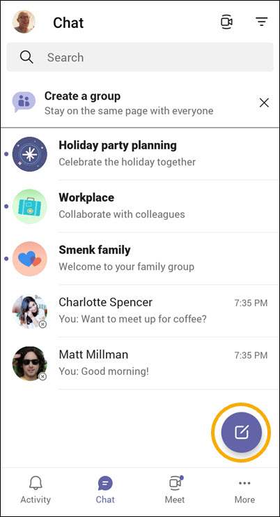 Teams bouton Nouvelle conversation dans Android