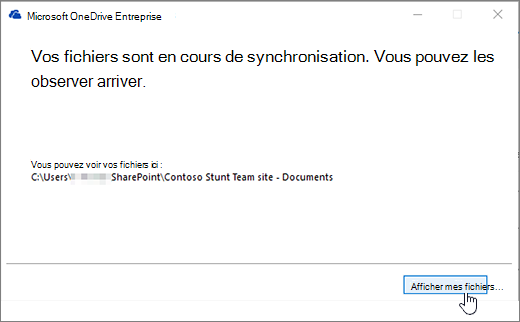 La boîte de dialogue de synchronisation OneDrive entreprise affiche le bouton mes fichiers mis en surbrillance.