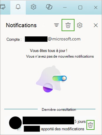 Icône Utiliser les notifications, puis sélectionner Supprimer pour déplacer les notifications