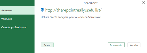 Excel Power Query se connecter à une boîte de dialogue Sharepoint List Connect