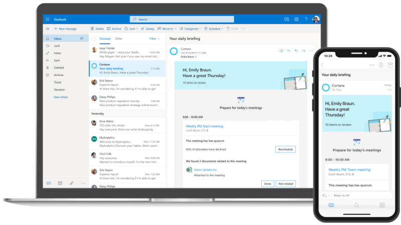 Capture d’écran d’une boîte de réception Outlook sur ordinateur de bureau et appareil mobile avec courrier de briefing de Cortana
