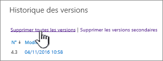 Boîte de dialogue Version, avec l’option Supprimer toutes les versions mise en surbrillance