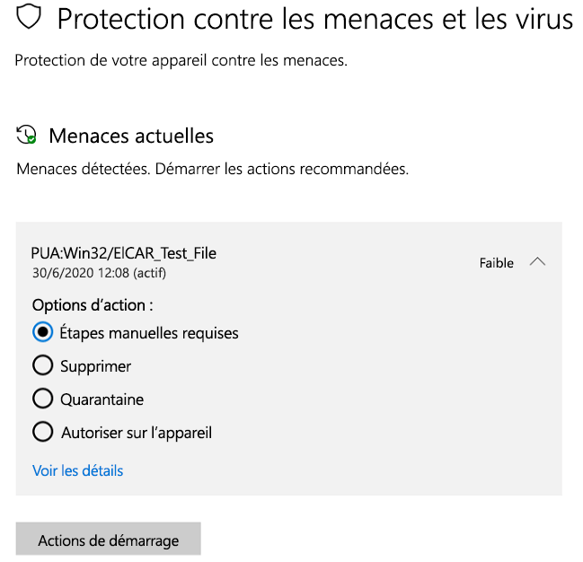 Actions que vous pouvez effectuer lorsque la sécurité Windows a détecté une application potentiellement indésirable