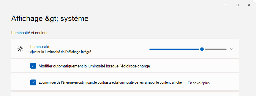 Capture d’écran des paramètres montrant le contrôle de luminosité.